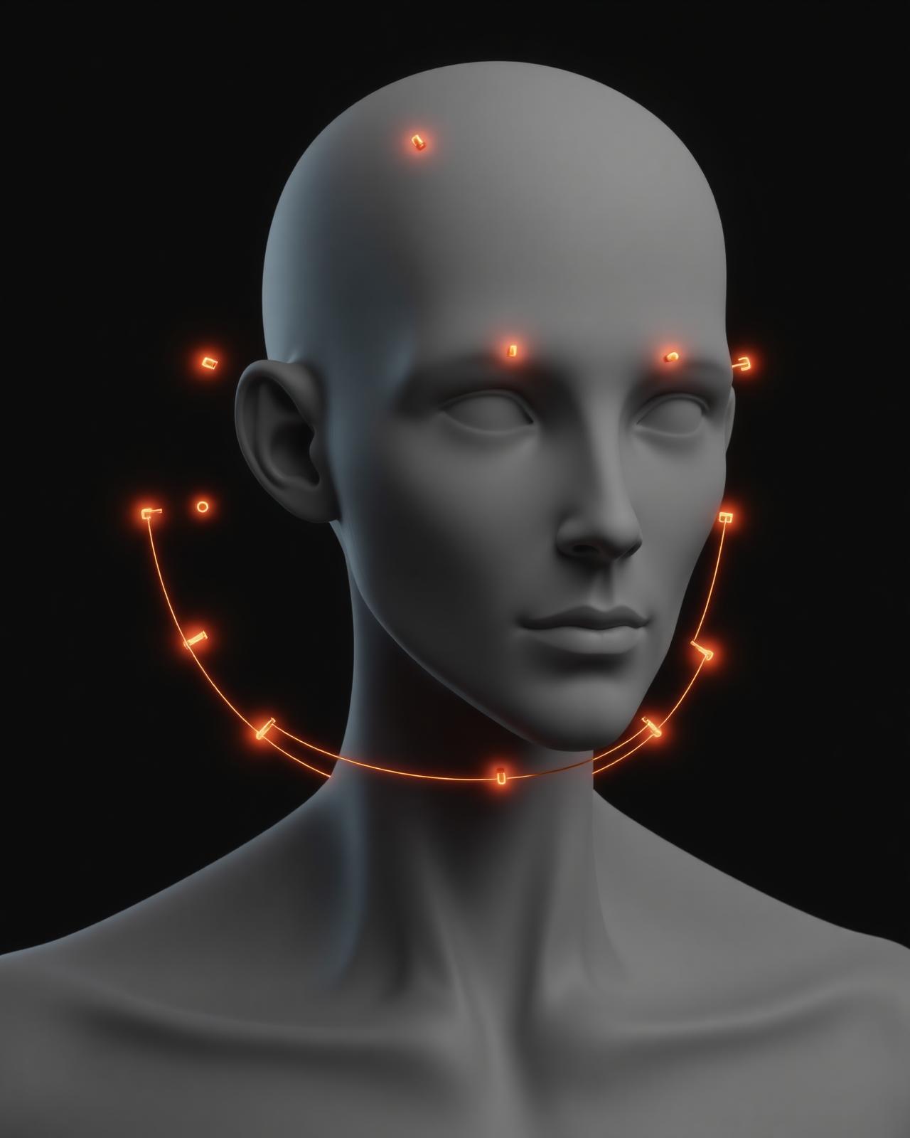 Digital human bust with wireframe topology and ember-coloured rig control curves