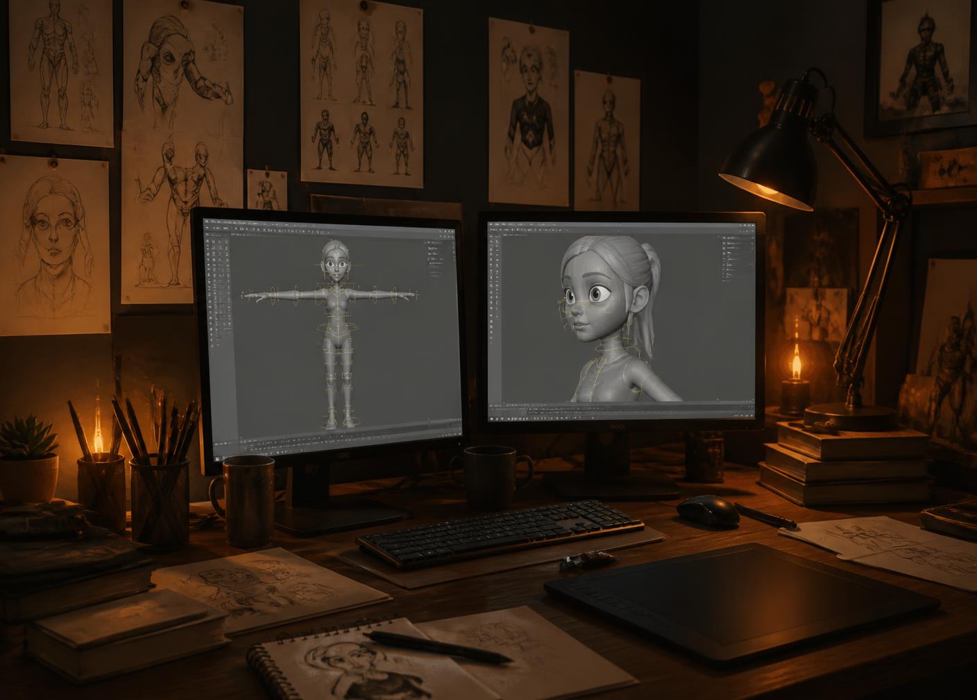 Rigging workstation at night with character viewports and pinned anatomy reference sheets
